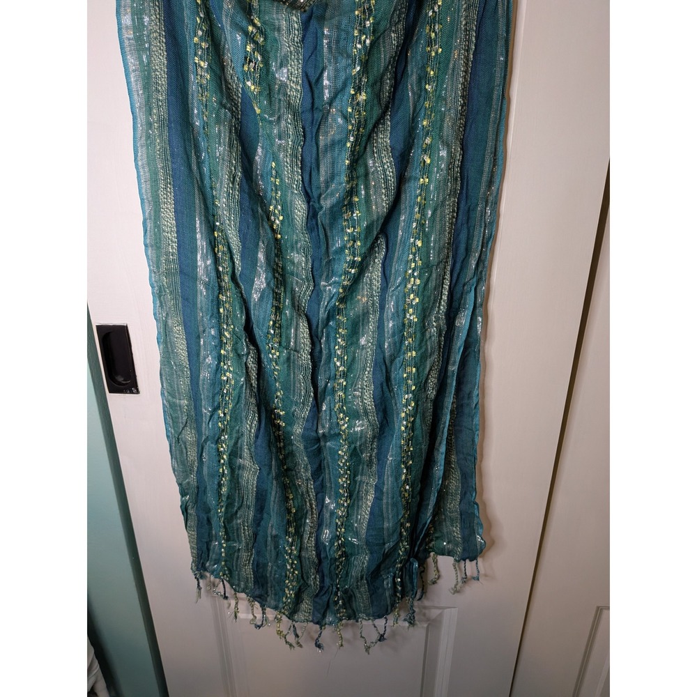 Teal Green Metallic Silver Striped Embroidered Tassel Scarf Bohemian Wrap